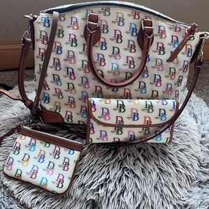 Dooney and Bourke white 1975 rainbow monogram bag wallet and coin pouch